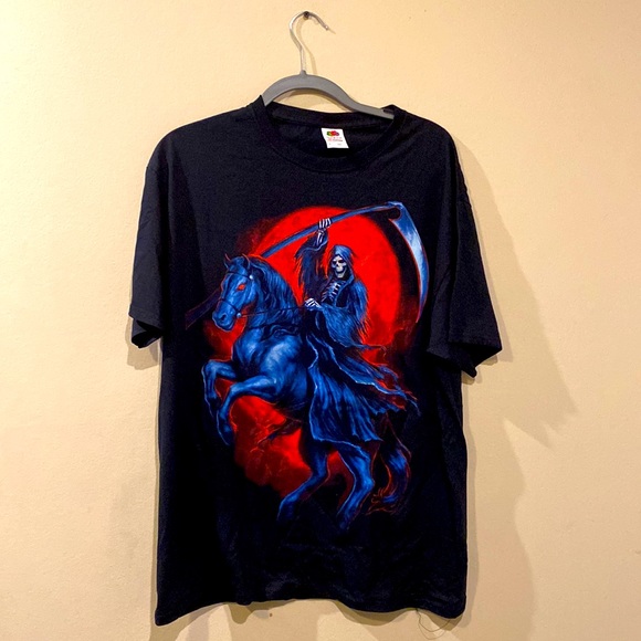Fruit of the Loom Other - Unisex Black Short Sleeve Crew Neck Cotton Shirt Skeleton Reaper Atop a Horse L